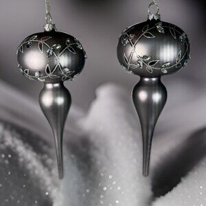 Vintage Holiday Lane Warm Gray Glass Finial Ornament Set of 2 (7 Sets Available)